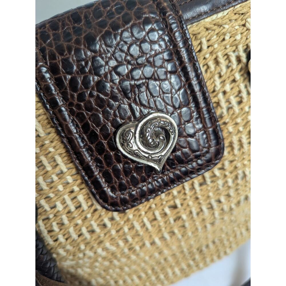 Brighton Straw Handbag Brown Leather Straps Silvertone Hardware Magnetic Clasp - Picture 4 of 8